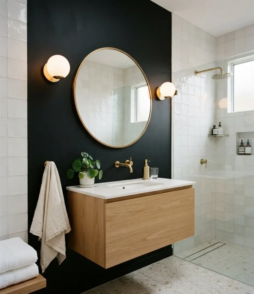 Small Bathroom With a Black Vanity Wall
