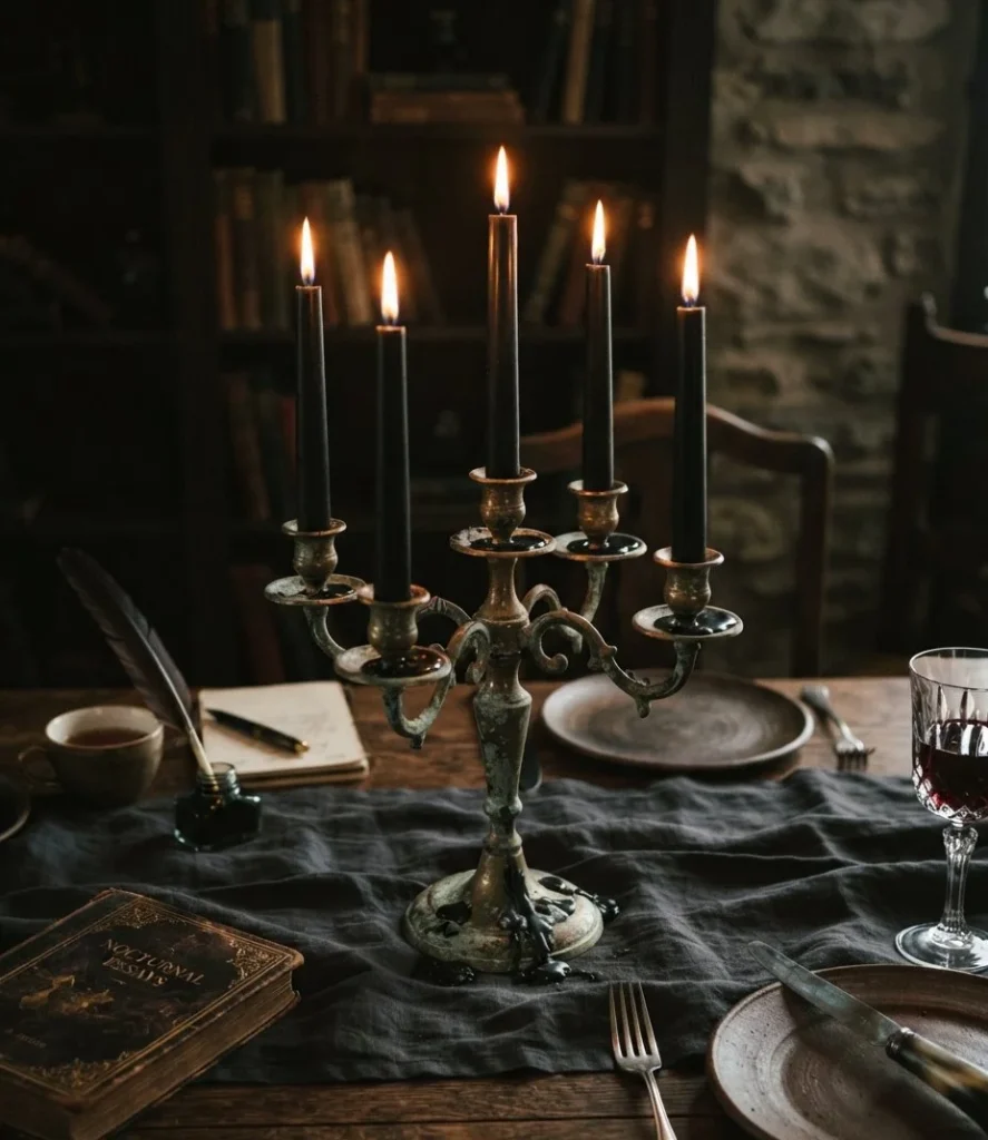 Tarnished Brass Candelabra with Black Tapers