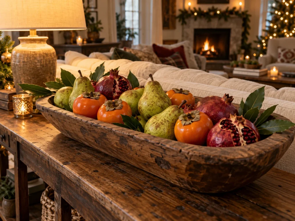 Wooden Bowl of Autumn Fruit on the Console