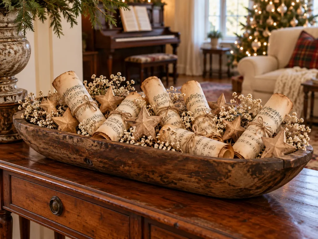 Aged Sheet Music Scrolls With Wooden Stars and Baby