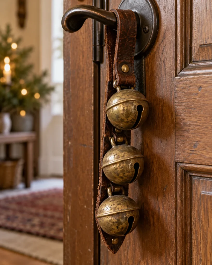 Antiqued Brass Bells on Weathered Leather Straps