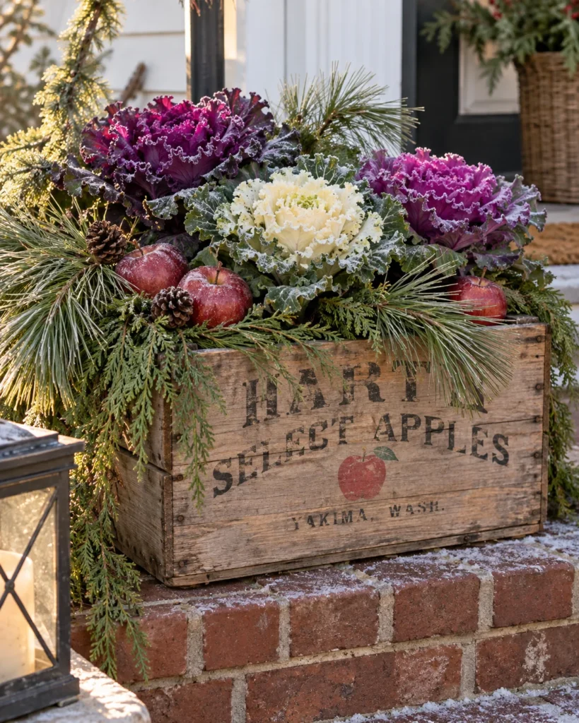 Apple Crate Vignette With Ornamental Kale and White Pine