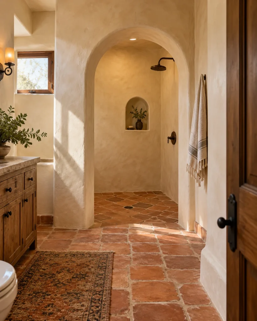 Arched Doorless Walk-In Shower With Continuous Saltillo Flooring