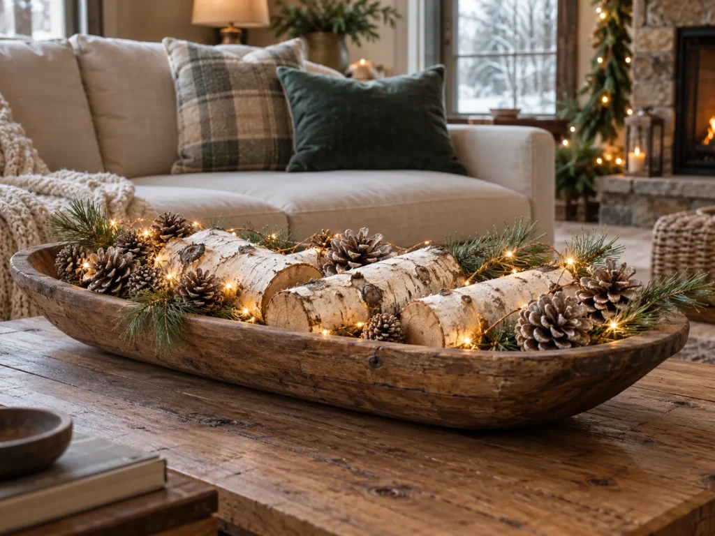 Aspen Birch Log Trio With Bleached Pinecones and Micro Lights