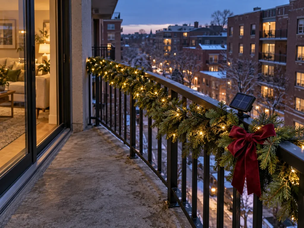 Balcony Railing Spruce Swag With Solar Twinkle Lights