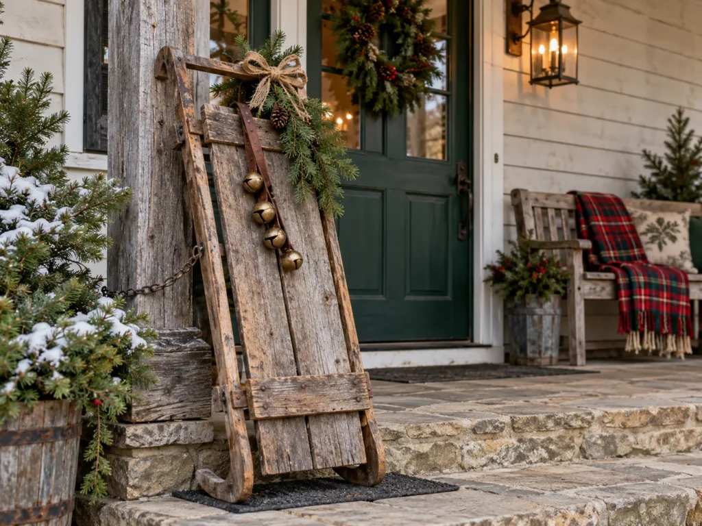Barn-Wood Sled Leaner With Weathered Brass Sleigh Bells
