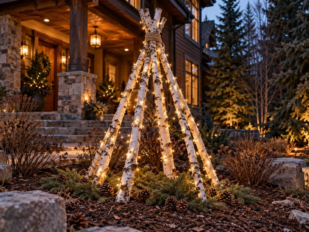 Birch Log Tepee With Jute Rope and Warm Micro Lights