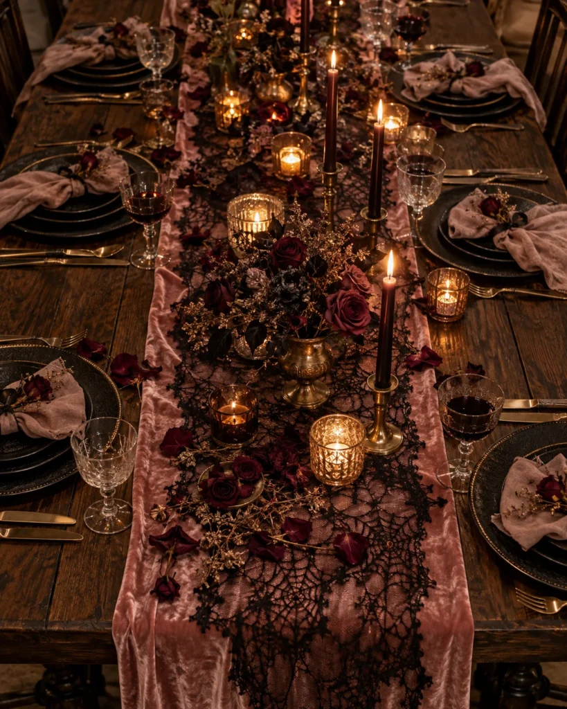 Blush Velvet Runner with Spiderweb Lace