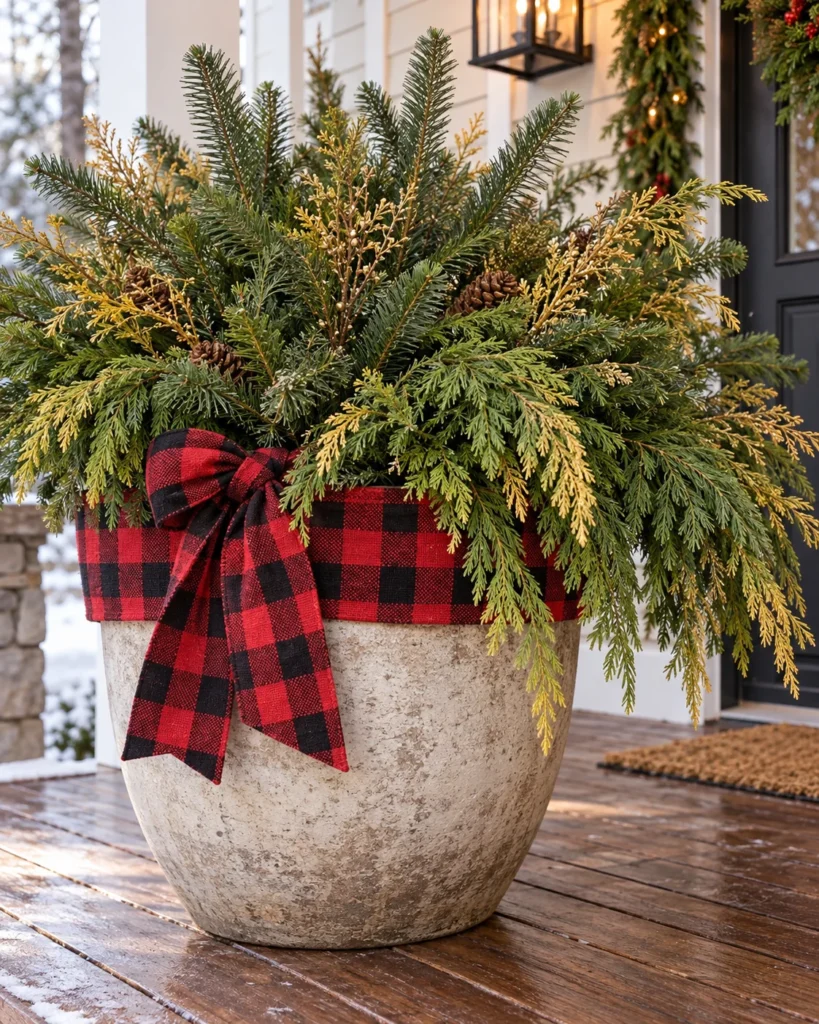 Buffalo Check Burlap-Collared Pots With Gold-Tipped Cedar