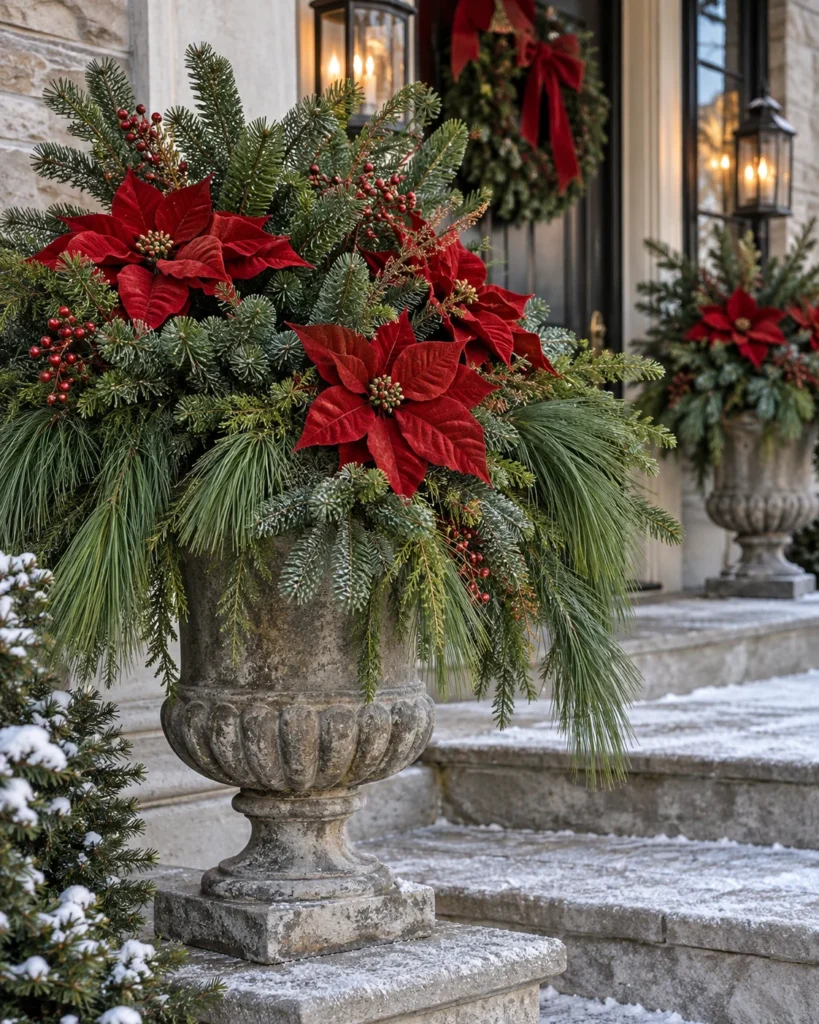 Cast-Stone Urns With Fraser Fir and Velvet Poinsettias