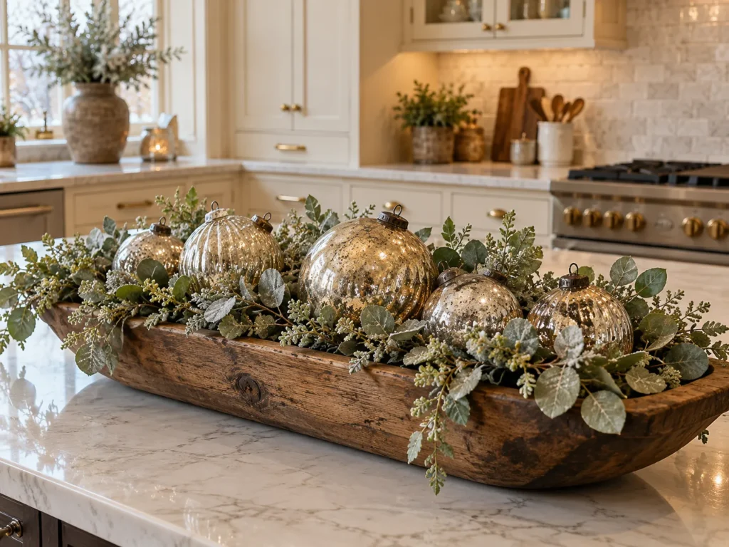 Champagne and Tarnished Mercury Glass Kugels in Frosted Eucalyptus