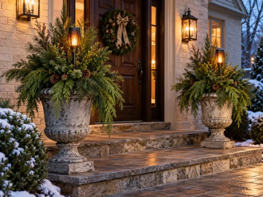 Concrete Urn Evergreen Planters With Solar Flame Torches