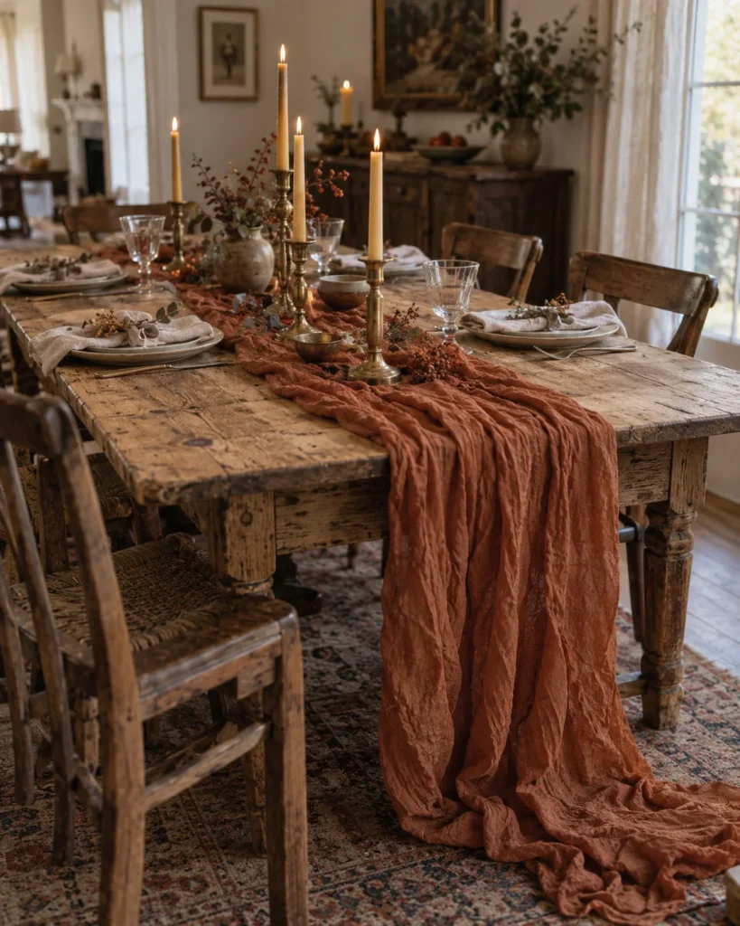 Crinkled Gauze Cheesecloth Runner With Raw Brass Sticks
