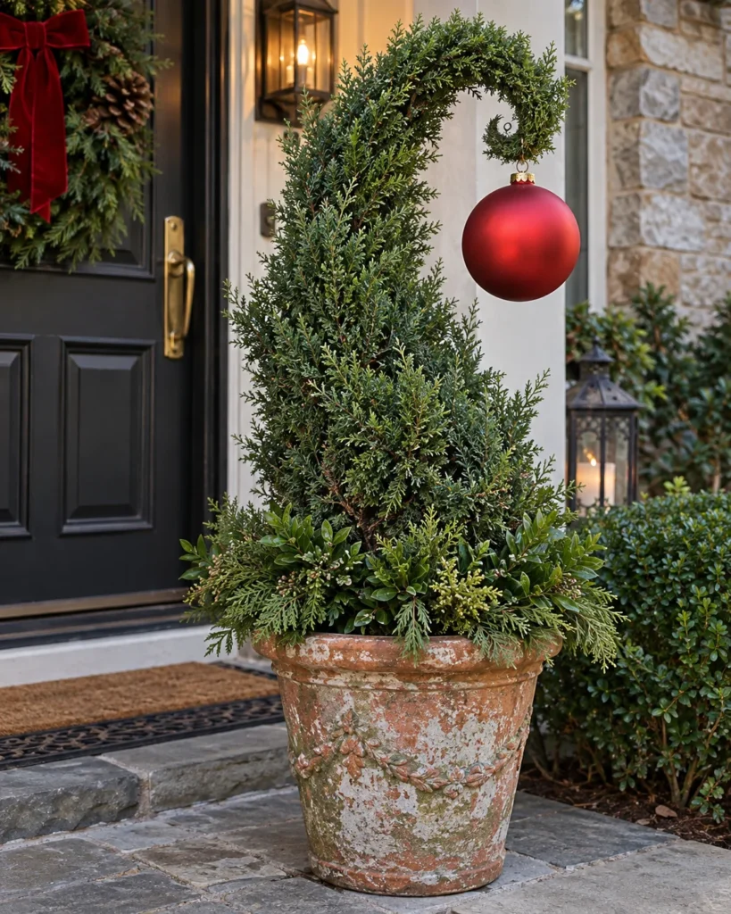 Curled Juniper Topiary With an Oversized Red Bauble