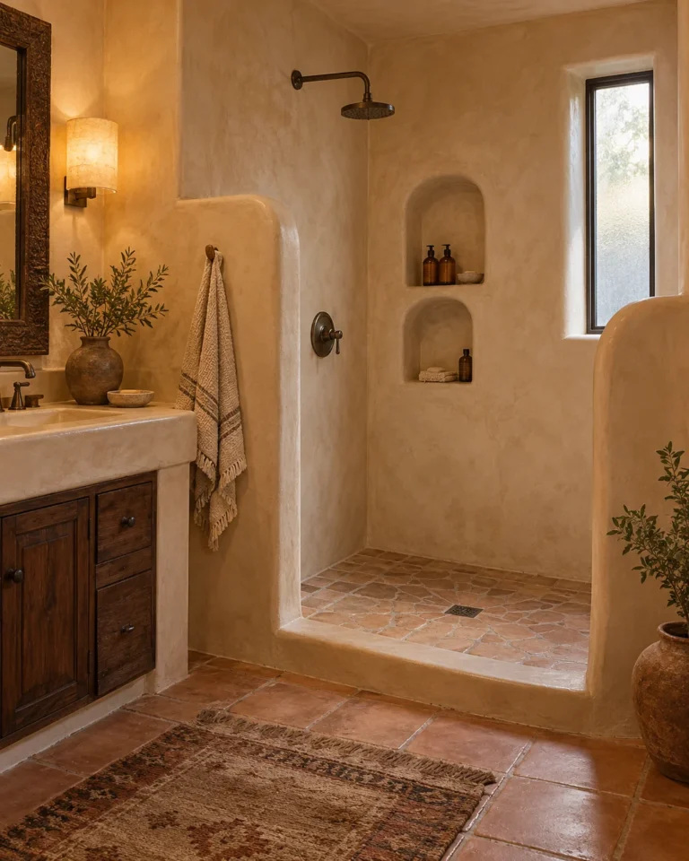 Curved Adobe Plaster Shower Niches With Soft Edges