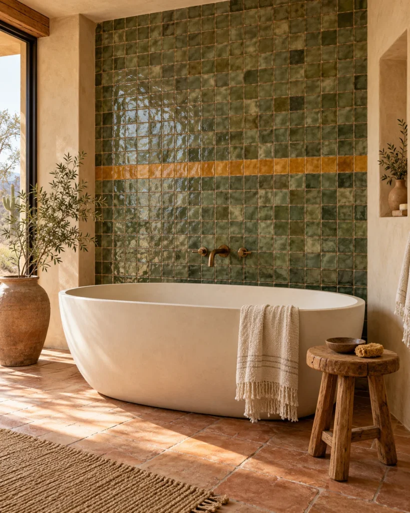 Desert Sage and Ochre Zellige Tile Wet Wall