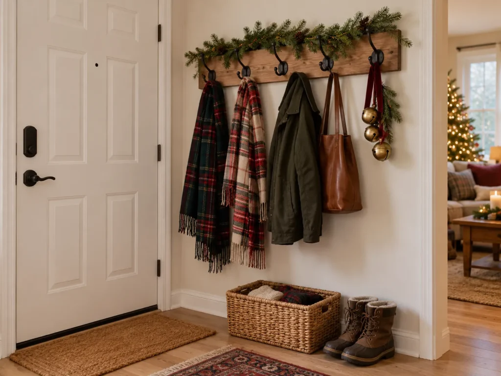 Entryway Coat Rack Makeover With Jingle Bells and Tartan Scarves