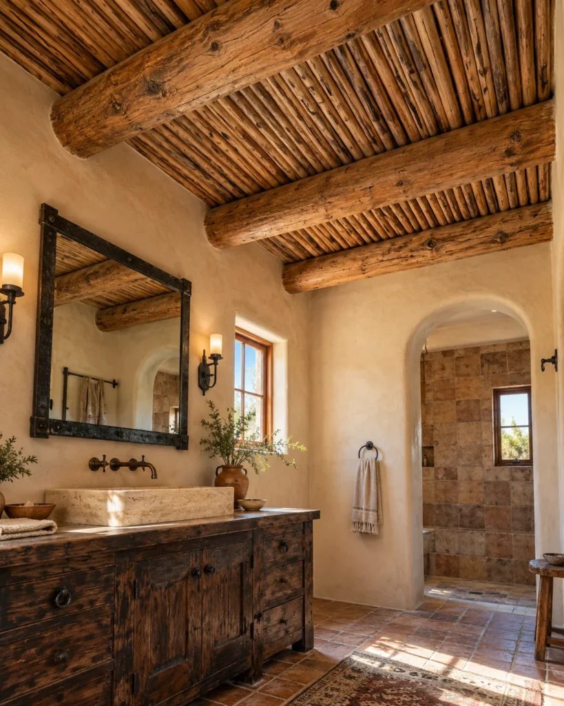 Exposed Reclaimed Pine Vigas and Latilla Ceiling Accents