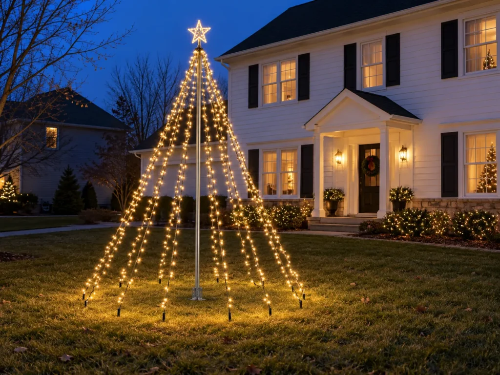 Fairy-Light Waterfall Tree Built on a Steel Conduit Pole