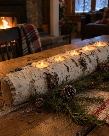 Faux Birch Yule Log Centerpiece Hollowed for LED Votives