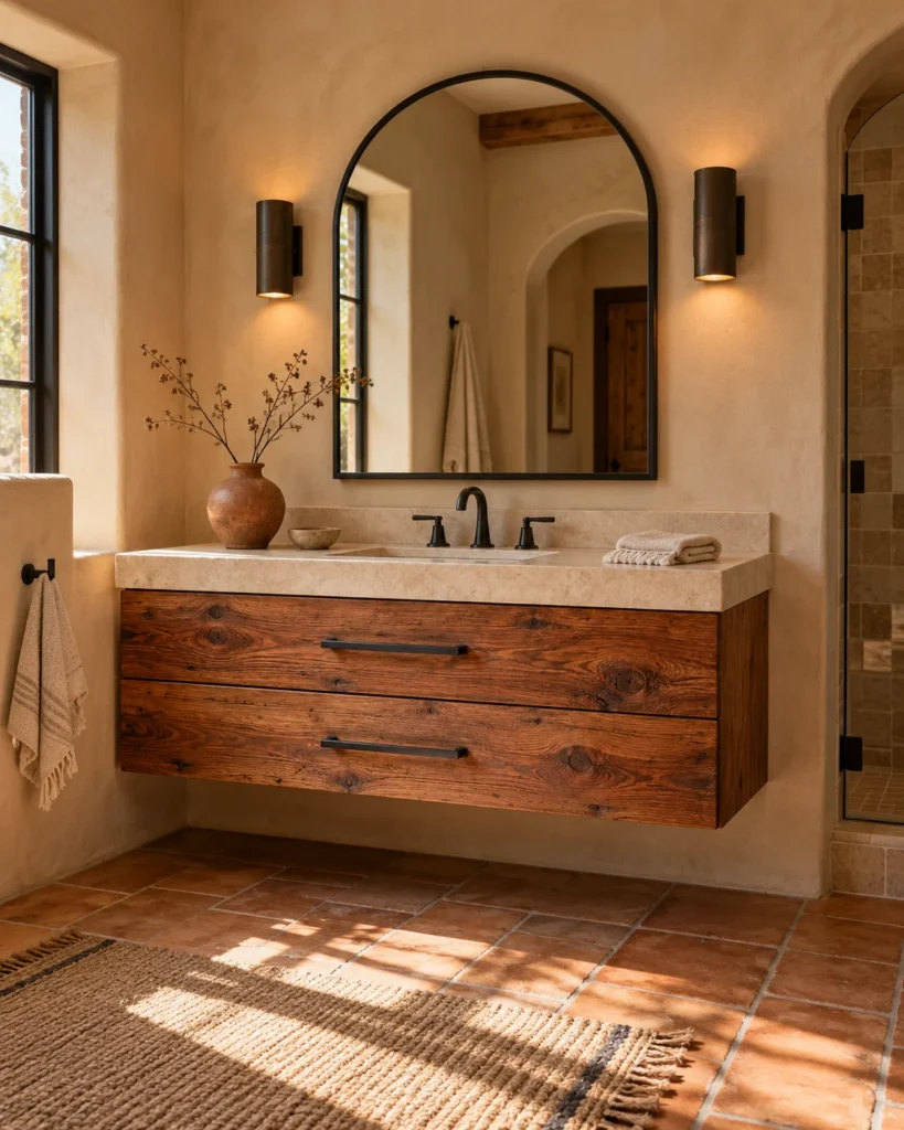Floating Reclaimed Mesquite Vanity With Matte Black Iron Pulls