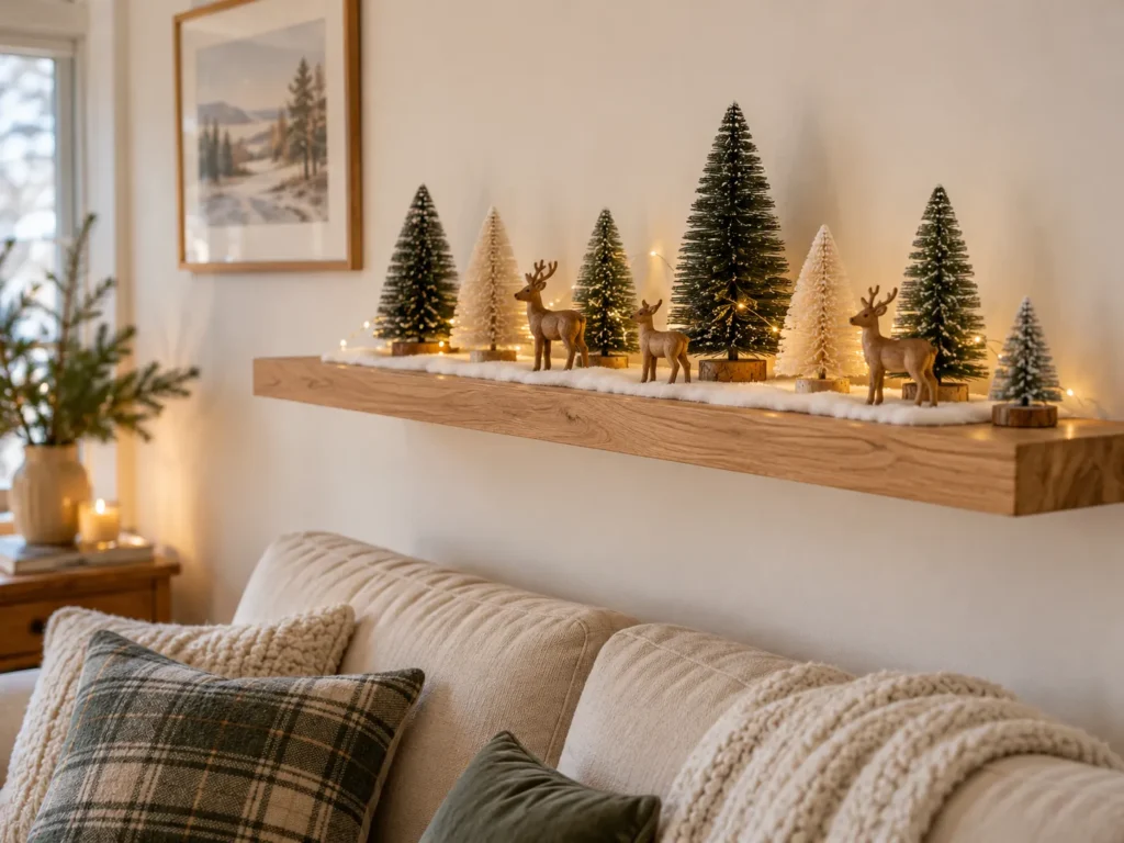 Floating Shelf Reset With Bottle Brush Trees and Tiny Reindeer