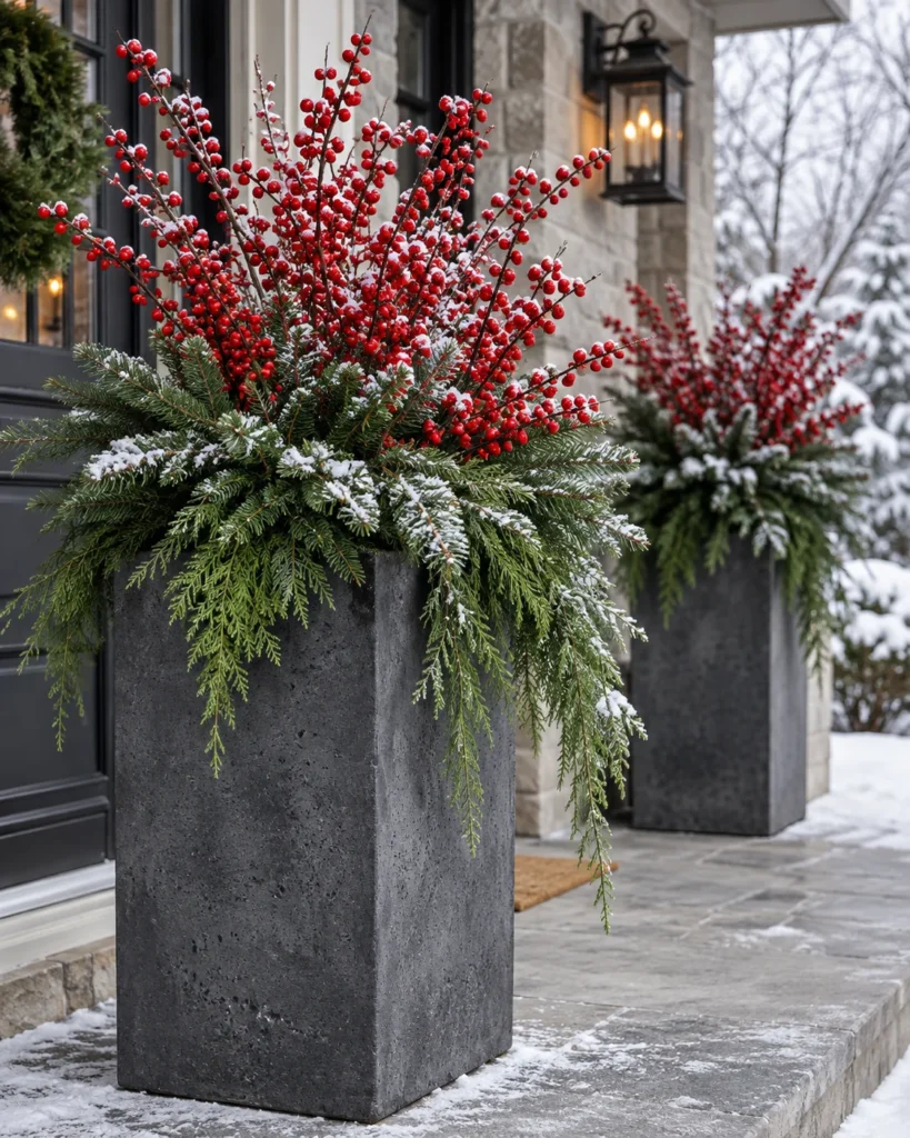 Flocked Winterberry in Charcoal Concrete Pedestals
