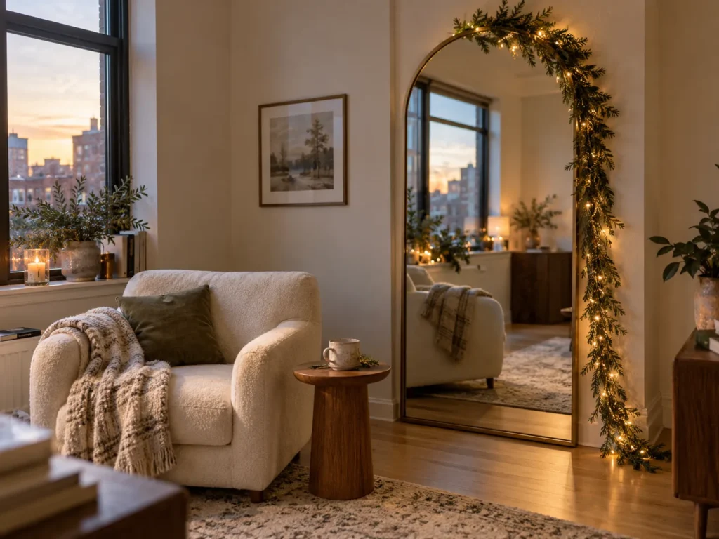 Floor-Length Arch Mirror Draped in Pre-Lit Juniper Garland