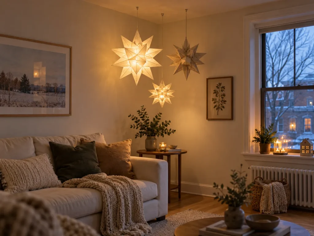 Foldable Paper Moravian Stars From Ceiling Corner Hooks