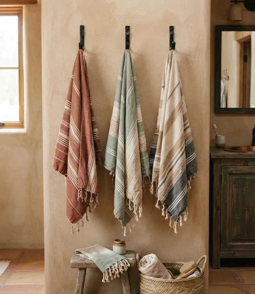 Fringed Desert-Stripe Towels on Hand-Forged Black Pegs