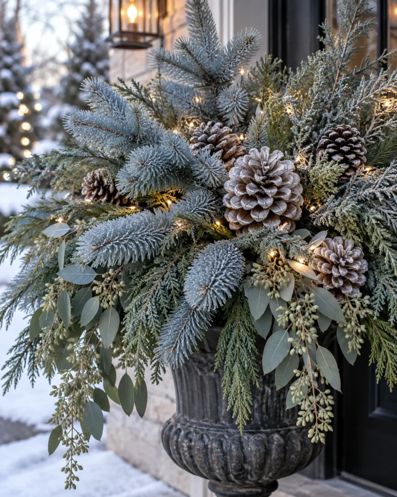 Frosted Blue Spruce With Silver Sugar Pinecones