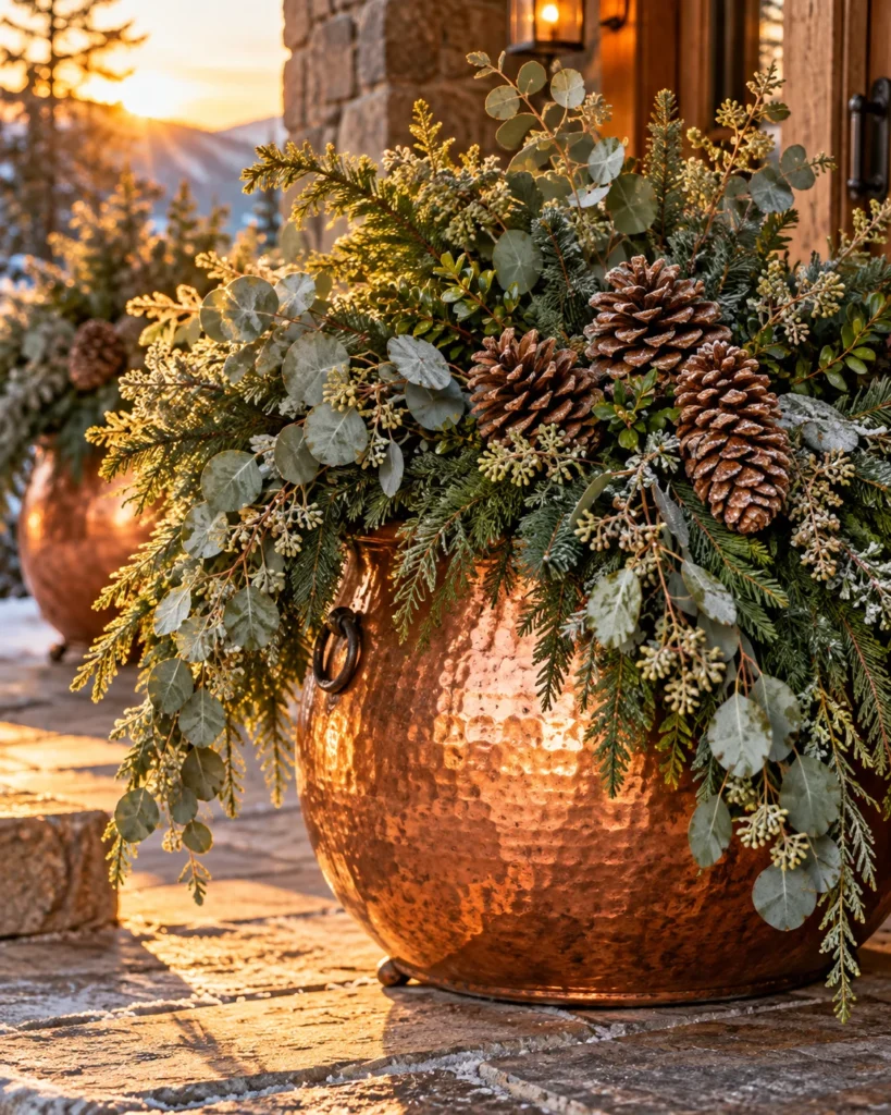 Frosted Eucalyptus and Lodgepole Pinecones in Copper Cauldrons