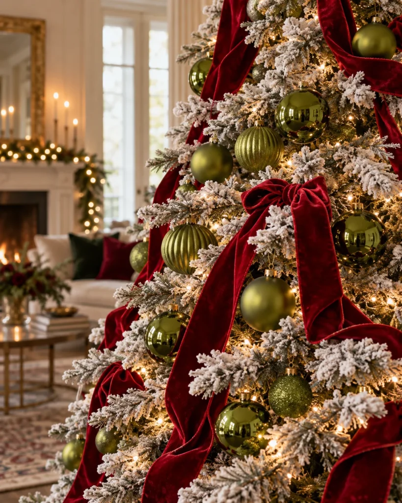 Frosted Flocked Pine With Chartreuse Bulbs and Red Velvet