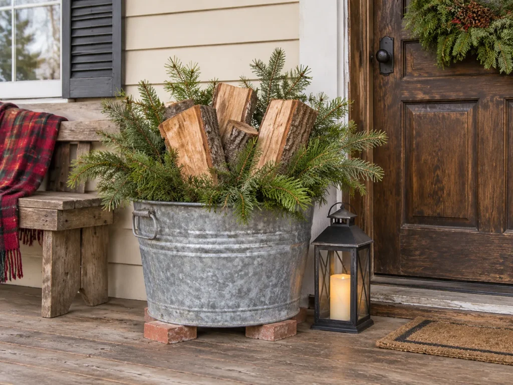 Galvanized Wash Tub Porch Hearth With Split Logs and Spruce