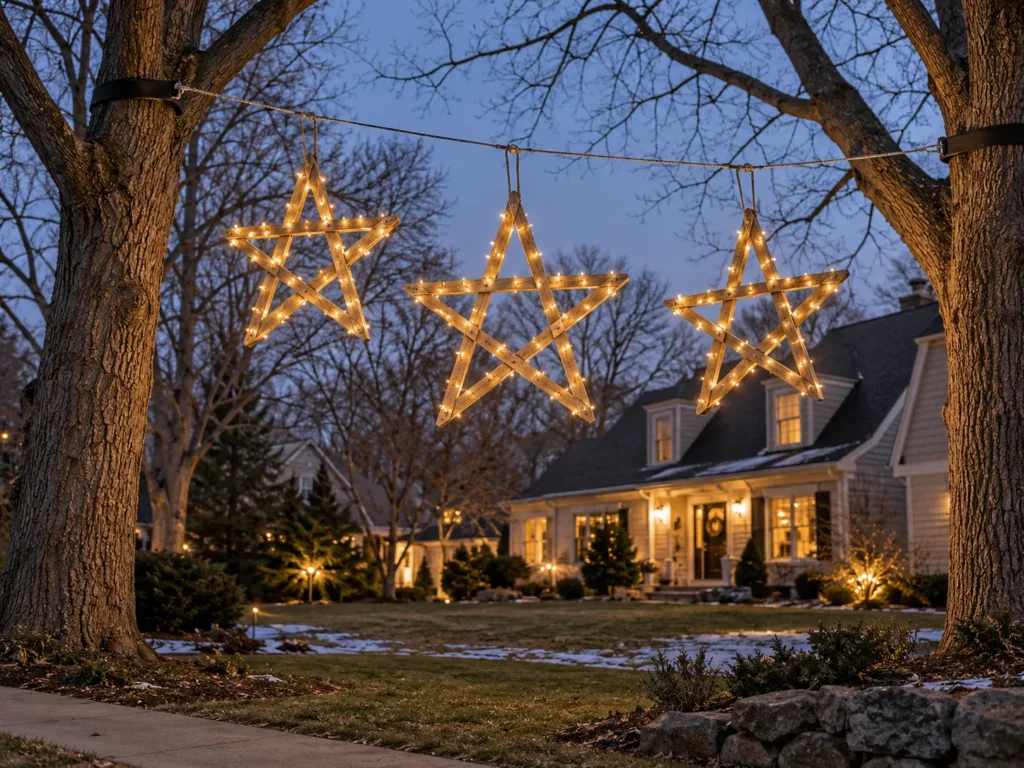 Geometric Wooden Lath Stars Hung Between Lawn Trees