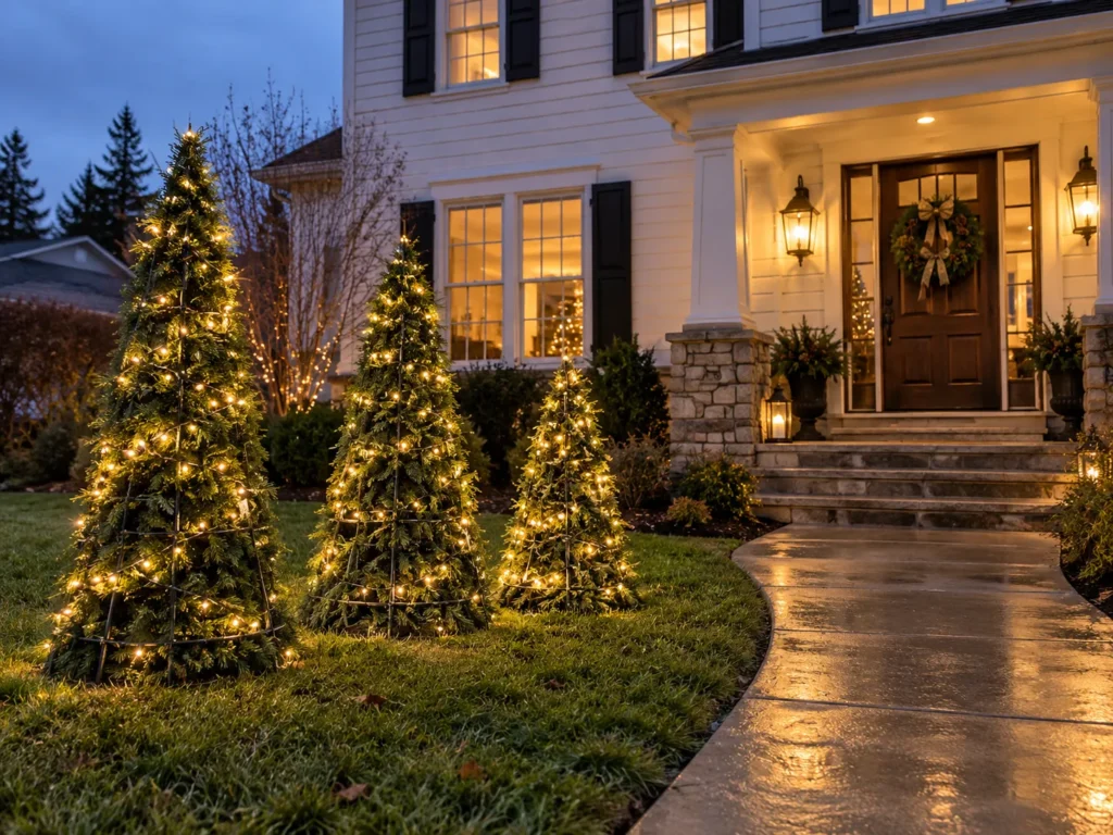 Giant Inverted Tomato-Cage Evergreen Trees in Fairy Lights