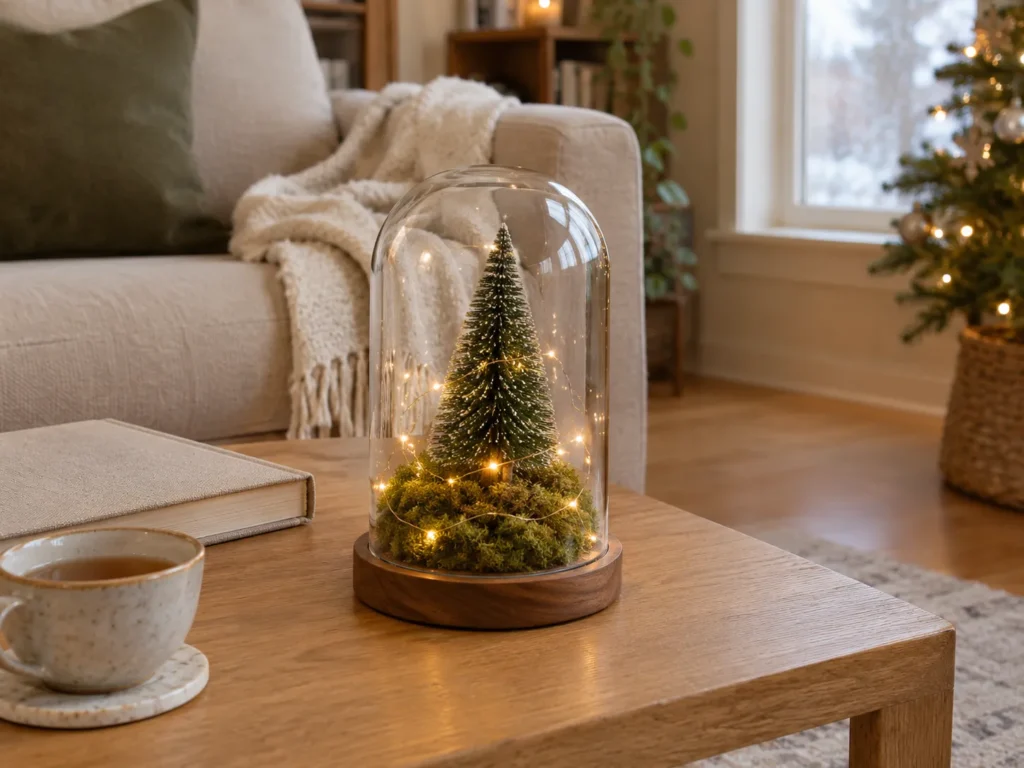 Glass Cloche Fairy Light Terrarium on the Coffee Table