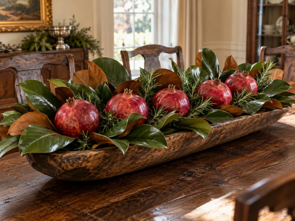Glossy Magnolia Leaves With Deep Ruby Pomegranates