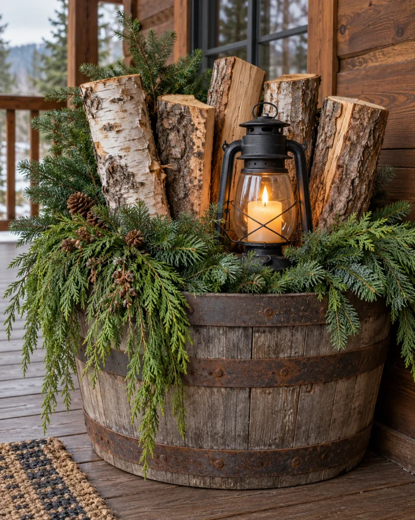 Half Whiskey Barrel With Split Firewood, Fir and Lanterns