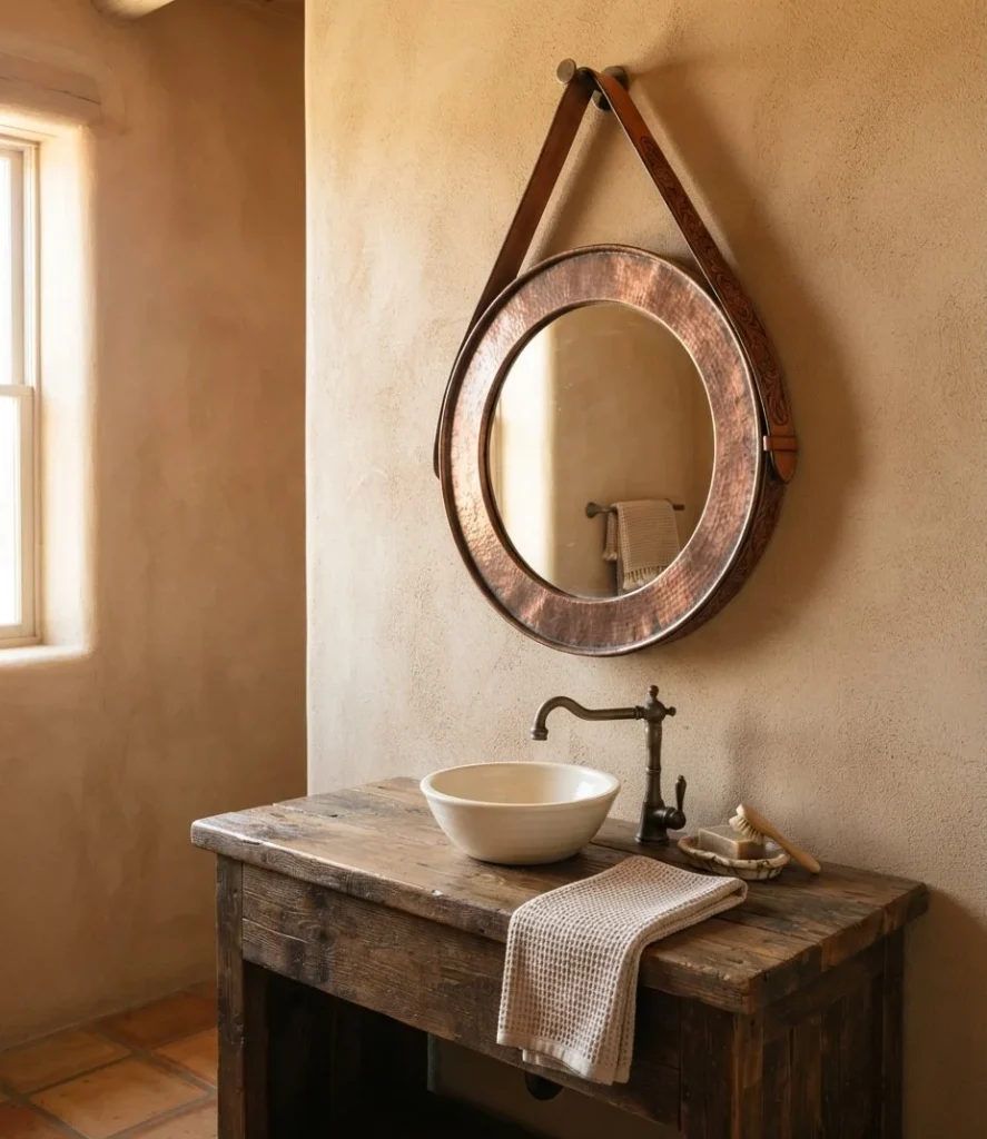 Hammered Copper Mirror on Tooled Saddle-Leather Straps