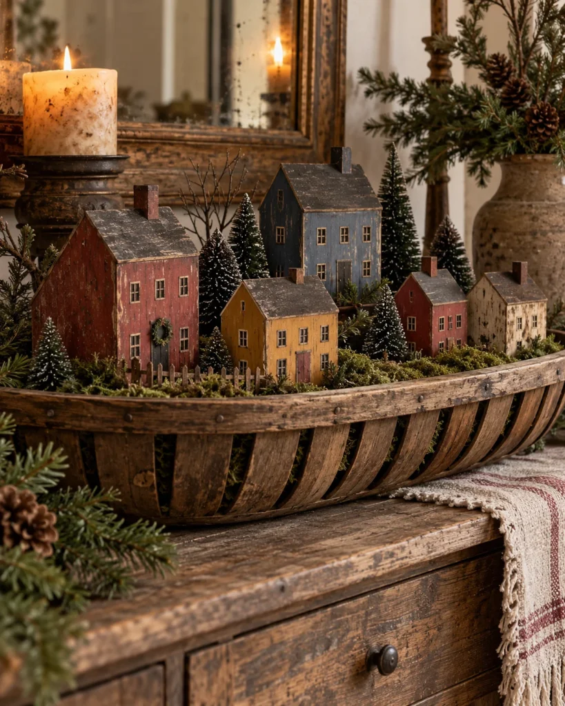 Hand-Carved Saltbox Village in a Slatted Tobacco Basket