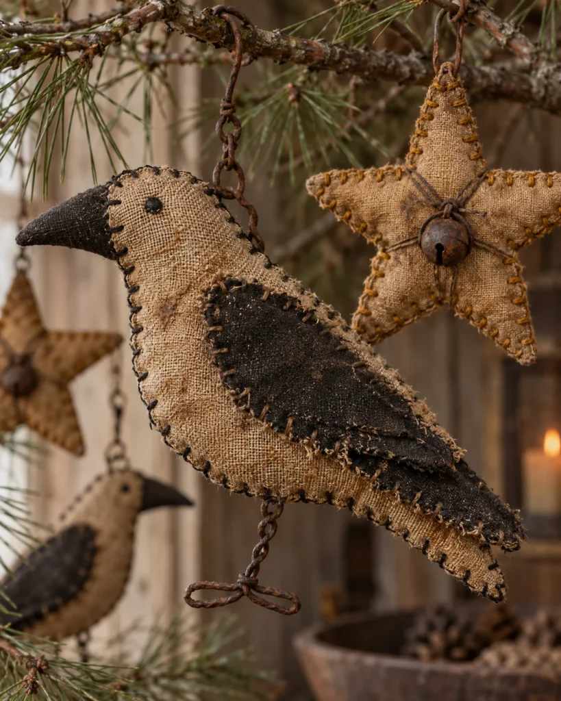 Hand-Stitched Osnaburg Crow and Star Ornaments