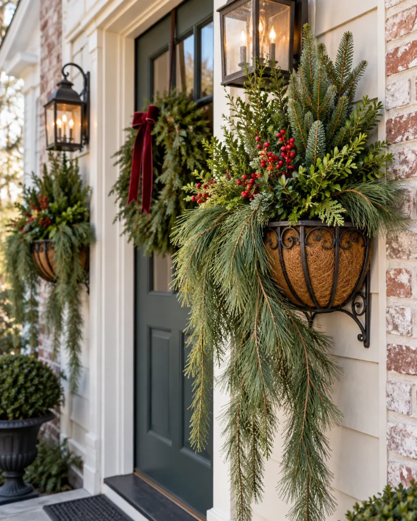 Hanging Flat-Back Wall Baskets With Weeping White Pine