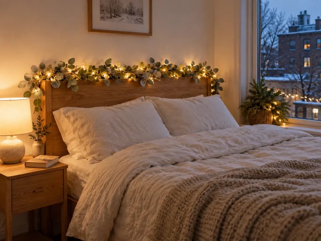 Headboard Fairy Light and Frosted Eucalyptus Wrap