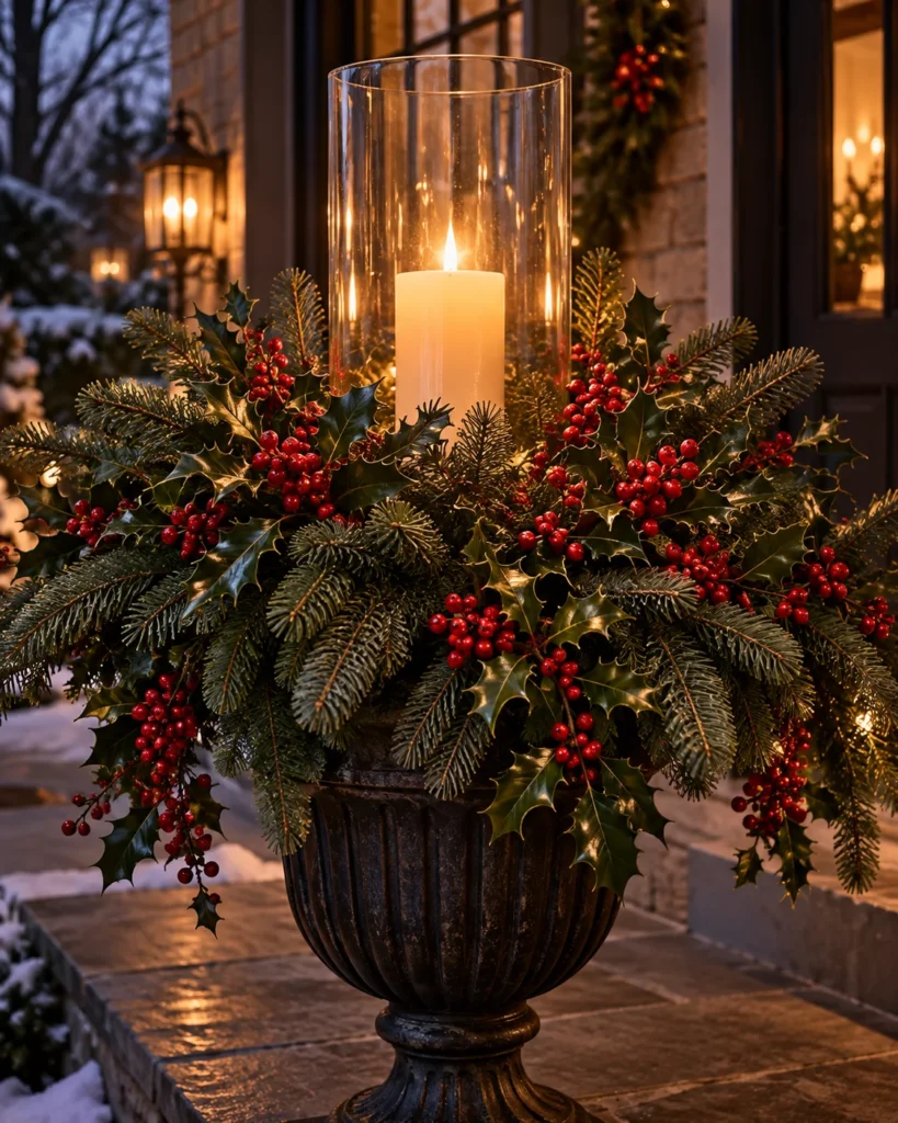 Hurricane Lantern Center Surrounded by Holly and Noble Fir