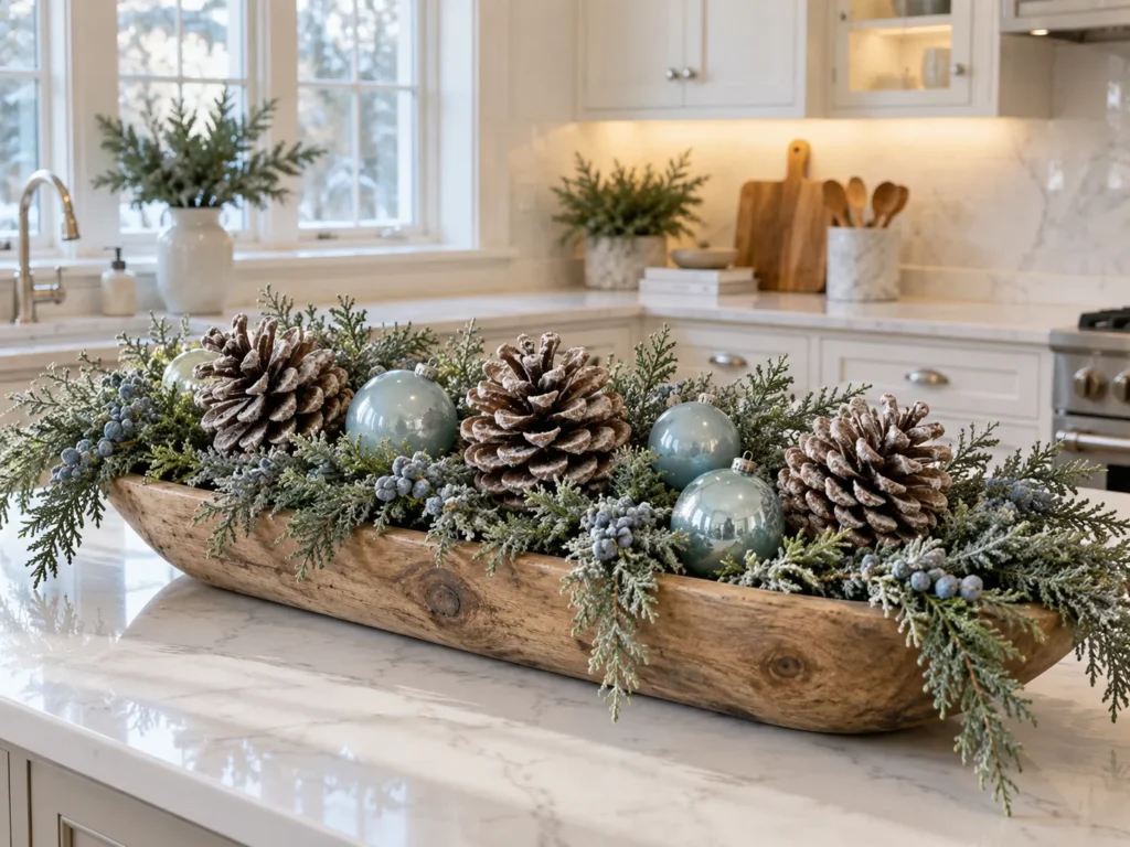 Iced Juniper With Frosted Sugar Pinecones and Duck-Egg Blue Glass