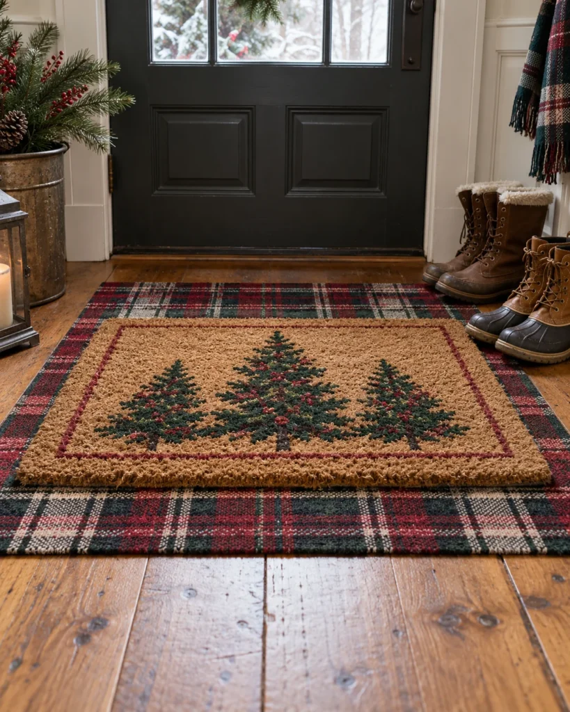 Layered Holiday Coir Mat Over Vintage Plaid
