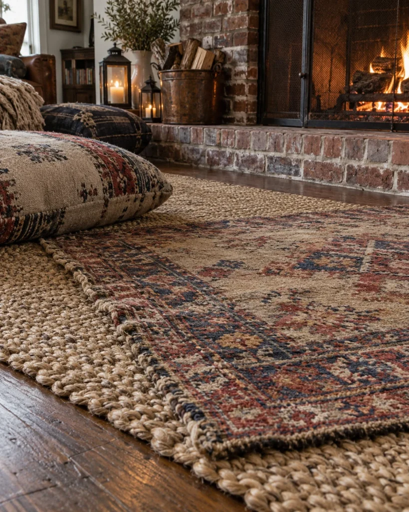 Layered Woven Rugs at the Hearth Foot