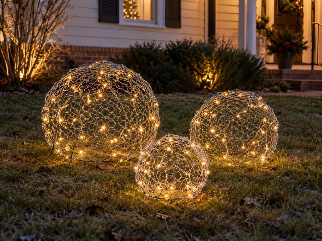 Lighted Chicken-Wire Snowball Spheres on the Lawn