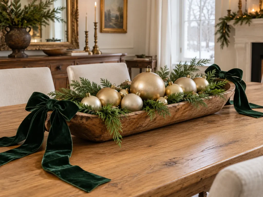 Matte Pale Gold Bulbs With Cascading Forest Green Velvet Bows